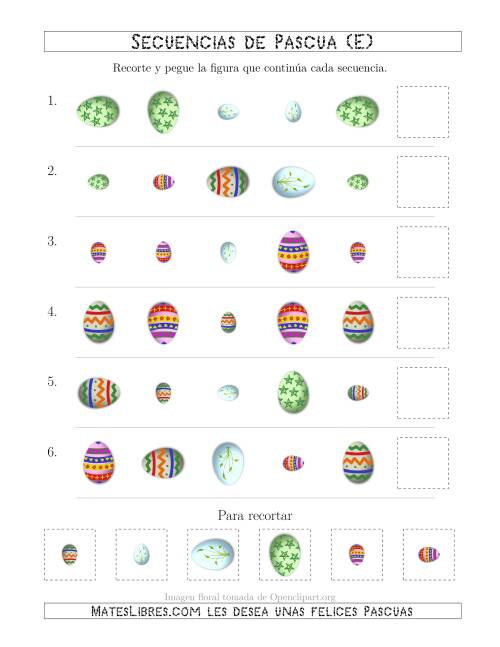 La hoja de ejercicios de Secuencias de Imágenes de Huevos de Pascuas Cambiando los Atributos Forma, Rotación y Tamaño (E)
