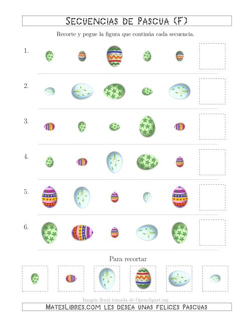 La hoja de ejercicios de Secuencias de Imágenes de Huevos de Pascuas Cambiando los Atributos Forma, Rotación y Tamaño (F)