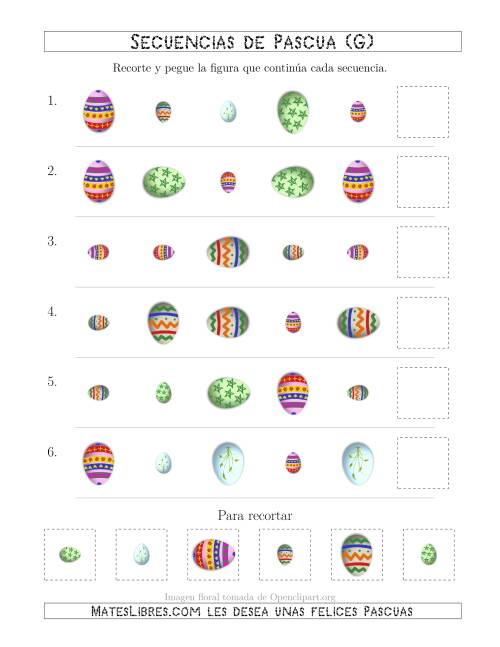 La hoja de ejercicios de Secuencias de Imágenes de Huevos de Pascuas Cambiando los Atributos Forma, Rotación y Tamaño (G)