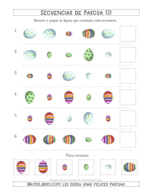 La hoja de ejercicios de Secuencias de Imágenes de Huevos de Pascuas Cambiando los Atributos Forma, Rotación y Tamaño (I)