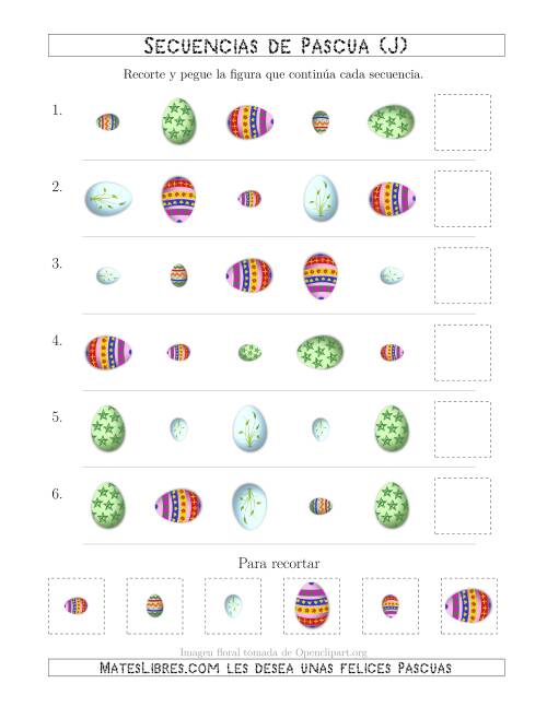 La hoja de ejercicios de Secuencias de Imágenes de Huevos de Pascuas Cambiando los Atributos Forma, Rotación y Tamaño (J)