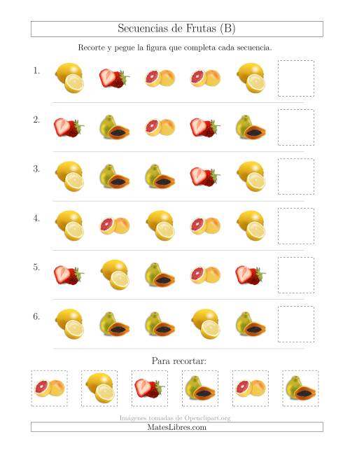 La hoja de ejercicios de Secuencias de Imágenes de Frutas Cambiando el Atributo Forma (B)