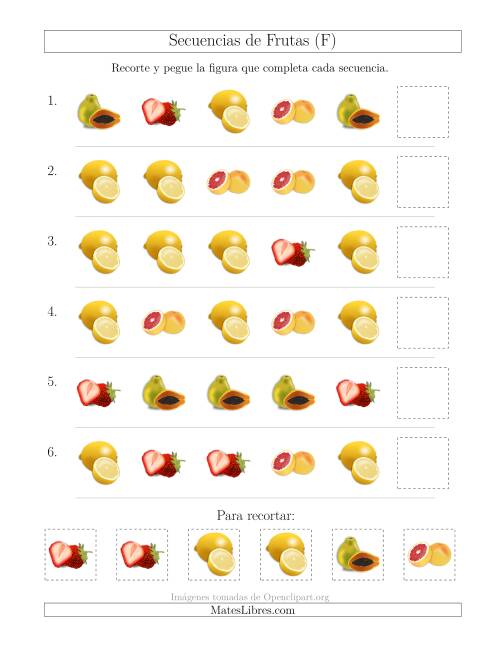 La hoja de ejercicios de Secuencias de Imágenes de Frutas Cambiando el Atributo Forma (F)