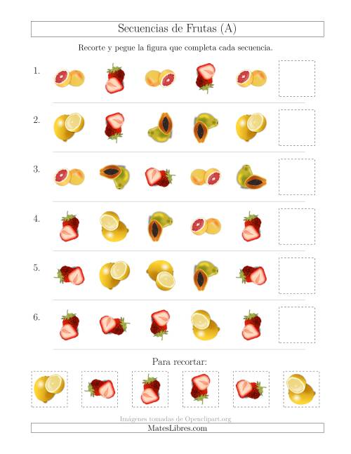 La hoja de ejercicios de Secuencias de Imágenes de Frutas Cambiando los Atributos Forma y Rotación (A)