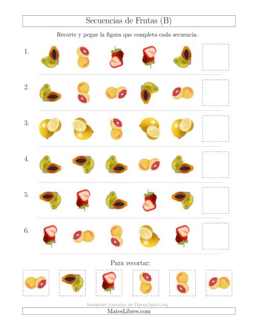 La hoja de ejercicios de Secuencias de Imágenes de Frutas Cambiando los Atributos Forma y Rotación (B)