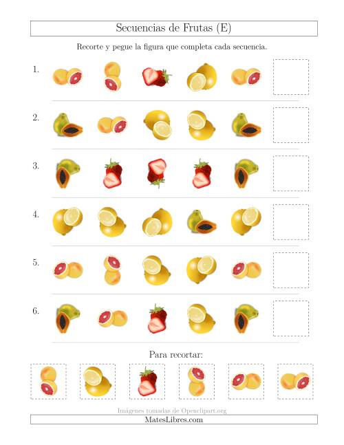 La hoja de ejercicios de Secuencias de Imágenes de Frutas Cambiando los Atributos Forma y Rotación (E)