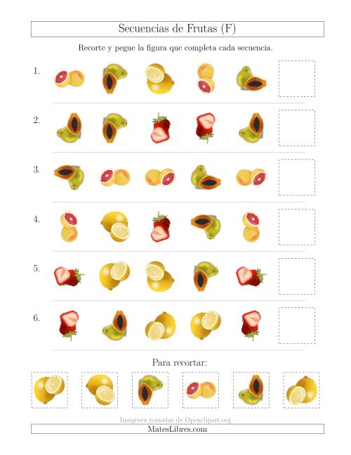 La hoja de ejercicios de Secuencias de Imágenes de Frutas Cambiando los Atributos Forma y Rotación (F)