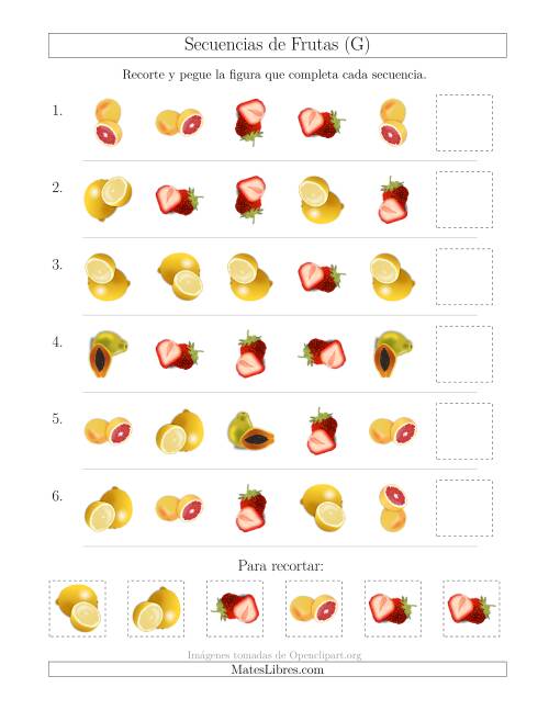La hoja de ejercicios de Secuencias de Imágenes de Frutas Cambiando los Atributos Forma y Rotación (G)