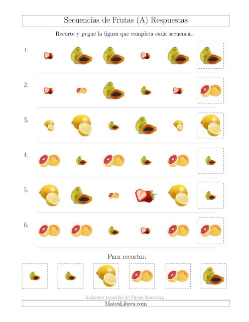 La hoja de ejercicios de Secuencias de Imágenes de Frutas Cambiando los Atributos Forma y Tamaño (A) Página 2