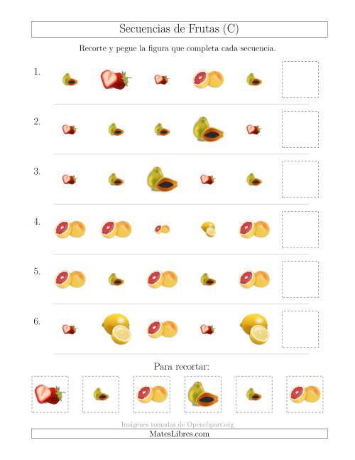 La hoja de ejercicios de Secuencias de Imágenes de Frutas Cambiando los Atributos Forma y Tamaño (C)
