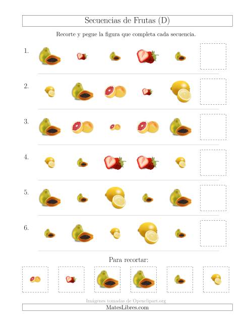 La hoja de ejercicios de Secuencias de Imágenes de Frutas Cambiando los Atributos Forma y Tamaño (D)