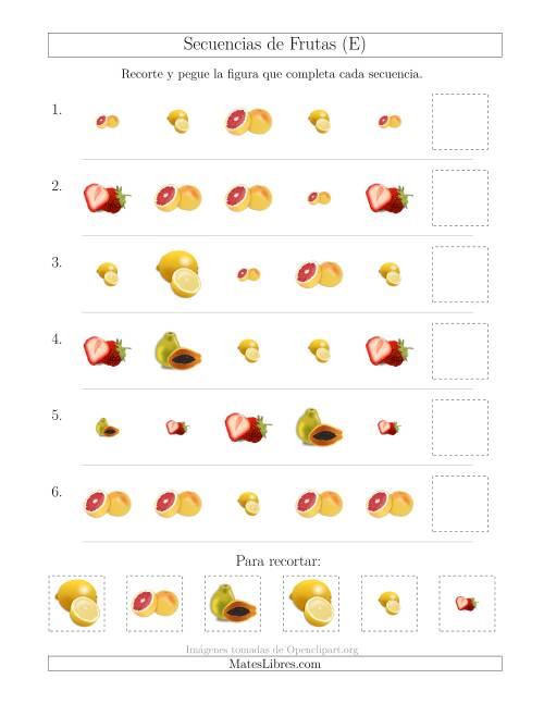 La hoja de ejercicios de Secuencias de Imágenes de Frutas Cambiando los Atributos Forma y Tamaño (E)