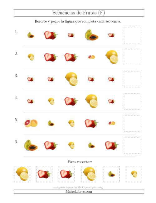 La hoja de ejercicios de Secuencias de Imágenes de Frutas Cambiando los Atributos Forma y Tamaño (F)