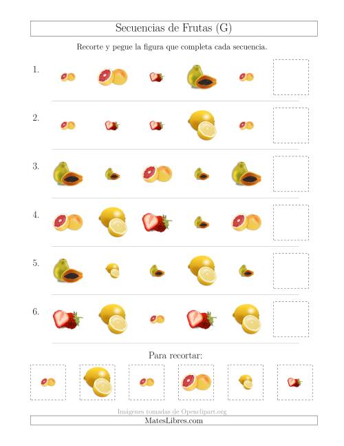 La hoja de ejercicios de Secuencias de Imágenes de Frutas Cambiando los Atributos Forma y Tamaño (G)