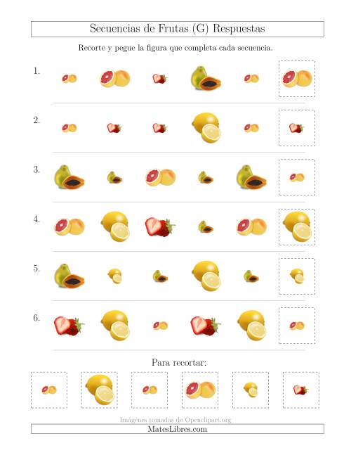 La hoja de ejercicios de Secuencias de Imágenes de Frutas Cambiando los Atributos Forma y Tamaño (G) Página 2