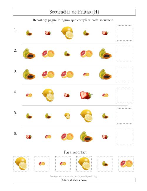 La hoja de ejercicios de Secuencias de Imágenes de Frutas Cambiando los Atributos Forma y Tamaño (H)