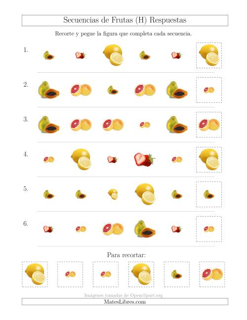 La hoja de ejercicios de Secuencias de Imágenes de Frutas Cambiando los Atributos Forma y Tamaño (H) Página 2