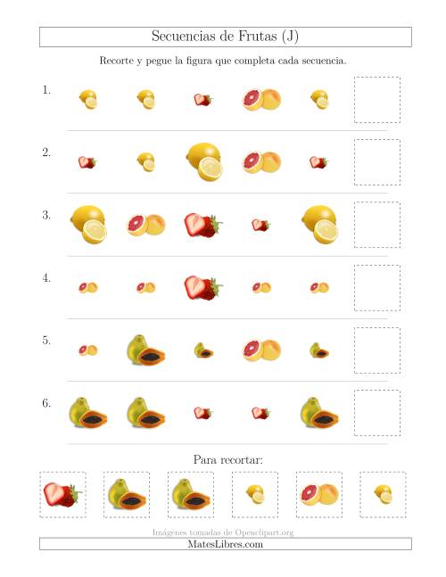 La hoja de ejercicios de Secuencias de Imágenes de Frutas Cambiando los Atributos Forma y Tamaño (J)