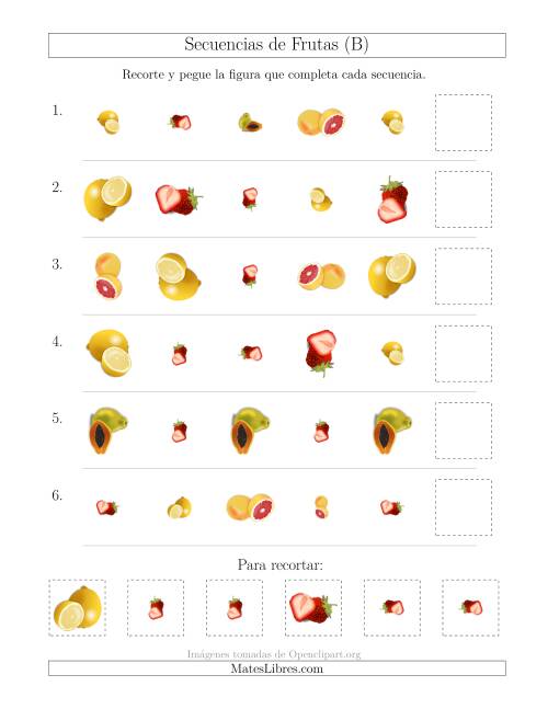 La hoja de ejercicios de Secuencias de Imágenes de Frutas Cambiando los Atributos Forma, Tamaño y Rotación (B)