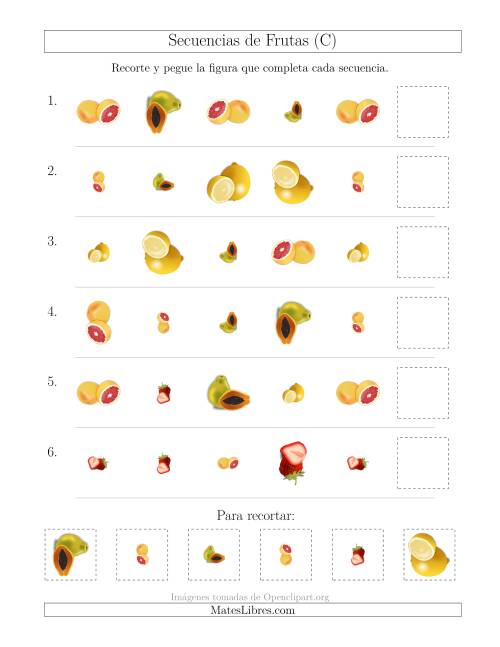 La hoja de ejercicios de Secuencias de Imágenes de Frutas Cambiando los Atributos Forma, Tamaño y Rotación (C)