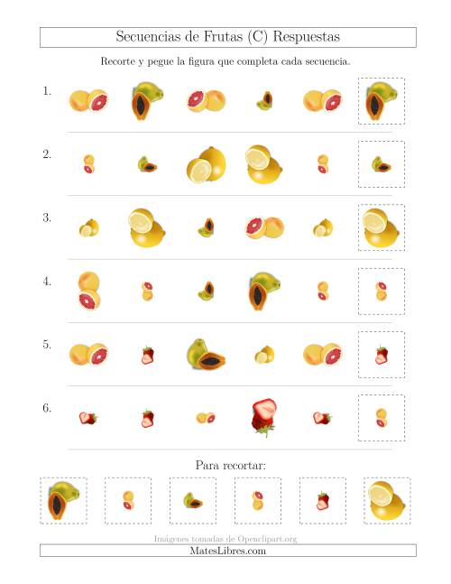 La hoja de ejercicios de Secuencias de Imágenes de Frutas Cambiando los Atributos Forma, Tamaño y Rotación (C) Página 2