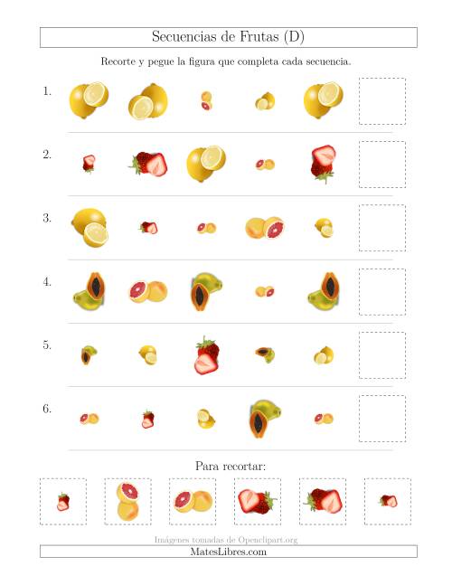 La hoja de ejercicios de Secuencias de Imágenes de Frutas Cambiando los Atributos Forma, Tamaño y Rotación (D)