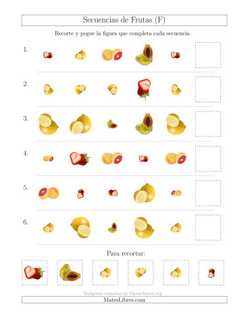 La hoja de ejercicios de Secuencias de Imágenes de Frutas Cambiando los Atributos Forma, Tamaño y Rotación (F)