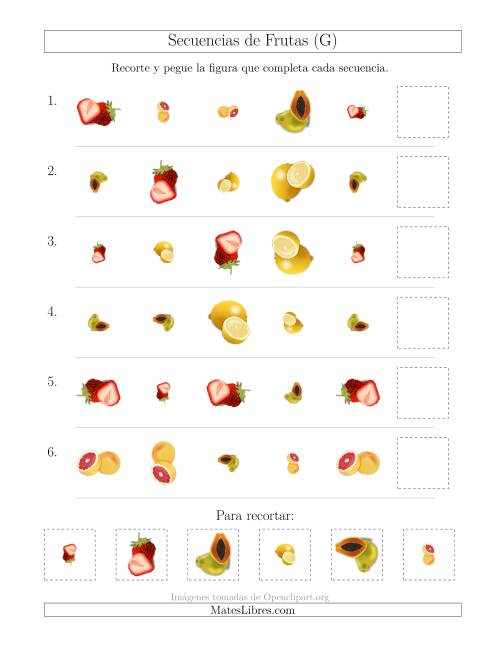 La hoja de ejercicios de Secuencias de Imágenes de Frutas Cambiando los Atributos Forma, Tamaño y Rotación (G)