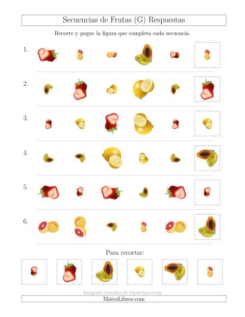 La hoja de ejercicios de Secuencias de Imágenes de Frutas Cambiando los Atributos Forma, Tamaño y Rotación (G) Página 2