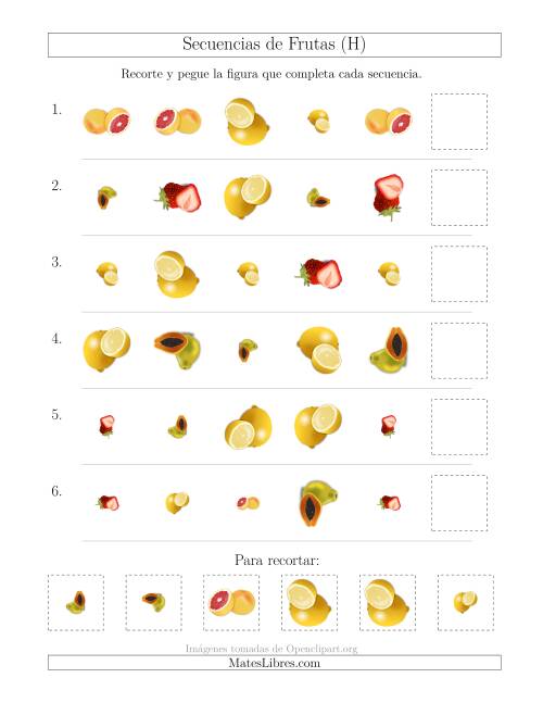 La hoja de ejercicios de Secuencias de Imágenes de Frutas Cambiando los Atributos Forma, Tamaño y Rotación (H)