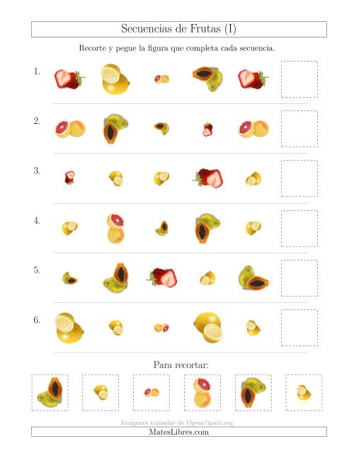 La hoja de ejercicios de Secuencias de Imágenes de Frutas Cambiando los Atributos Forma, Tamaño y Rotación (I)