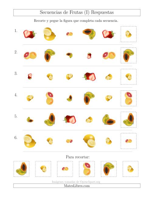 La hoja de ejercicios de Secuencias de Imágenes de Frutas Cambiando los Atributos Forma, Tamaño y Rotación (I) Página 2