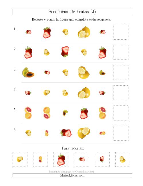 La hoja de ejercicios de Secuencias de Imágenes de Frutas Cambiando los Atributos Forma, Tamaño y Rotación (J)
