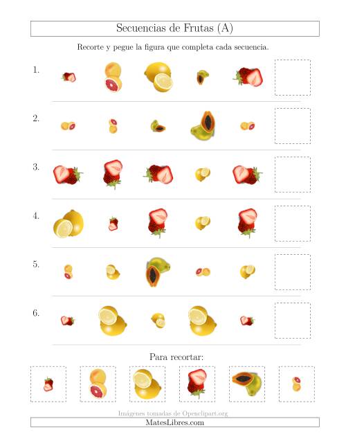 La hoja de ejercicios de Secuencias de Imágenes de Frutas Cambiando los Atributos Forma, Tamaño y Rotación (Todas)