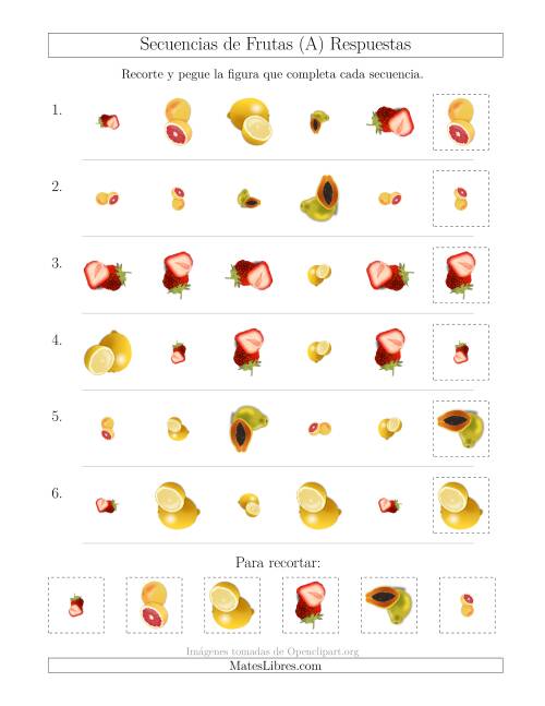 La hoja de ejercicios de Secuencias de Imágenes de Frutas Cambiando los Atributos Forma, Tamaño y Rotación (Todas) Página 2
