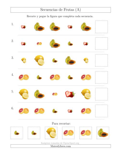 La hoja de ejercicios de Secuencias de Imágenes de Frutas Cambiando los Atributos Forma y Tamaño (Todas)