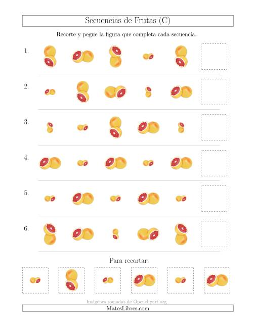 La hoja de ejercicios de Secuencias de Imágenes de Frutas Cambiando los Atributos Tamaño y Rotación (C)