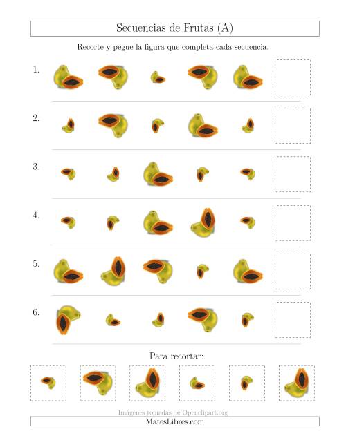 La hoja de ejercicios de Secuencias de Imágenes de Frutas Cambiando los Atributos Tamaño y Rotación (Todas)
