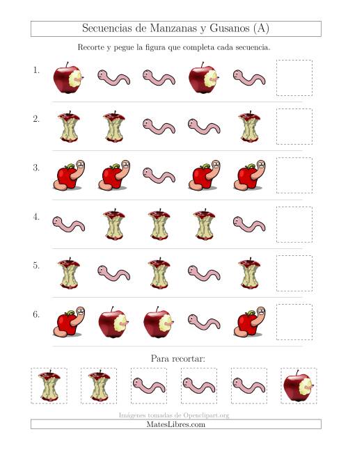 La hoja de ejercicios de Secuencias de Imágenes de Manzanas y Gusanos Cambiando el Atributo Forma (A)