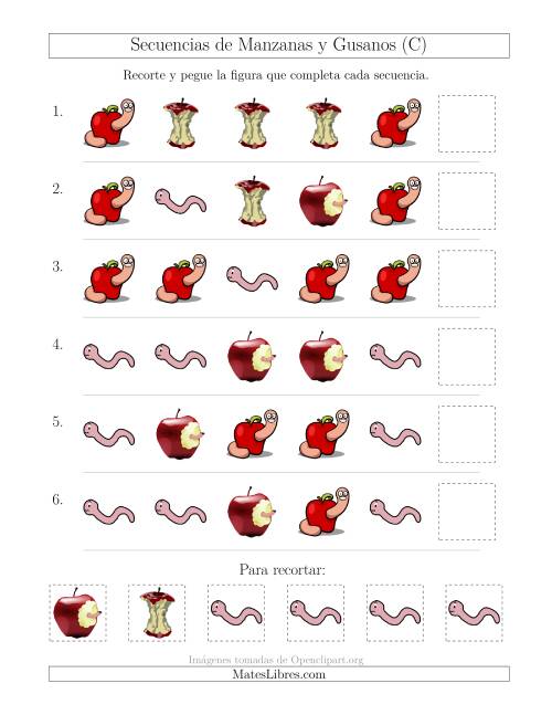 La hoja de ejercicios de Secuencias de Imágenes de Manzanas y Gusanos Cambiando el Atributo Forma (C)