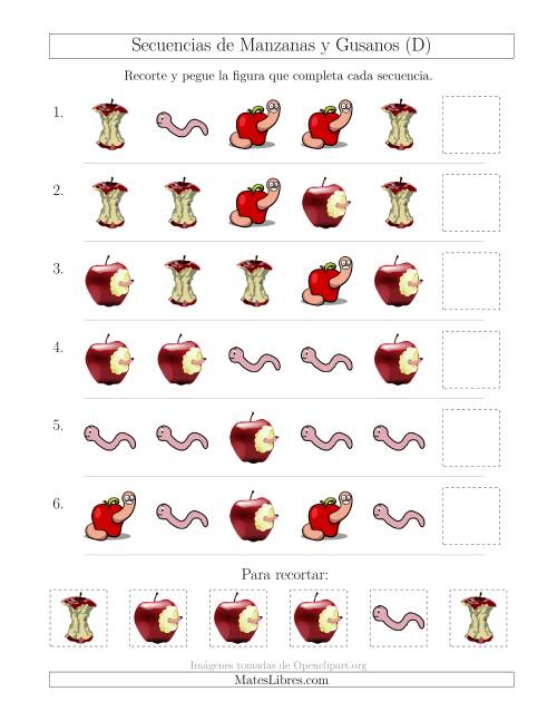 La hoja de ejercicios de Secuencias de Imágenes de Manzanas y Gusanos Cambiando el Atributo Forma (D)