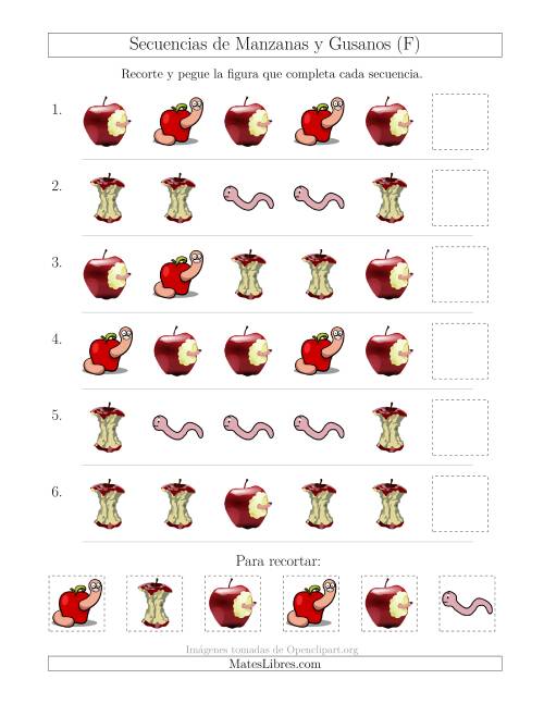 La hoja de ejercicios de Secuencias de Imágenes de Manzanas y Gusanos Cambiando el Atributo Forma (F)