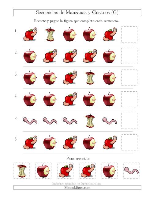 La hoja de ejercicios de Secuencias de Imágenes de Manzanas y Gusanos Cambiando el Atributo Forma (G)