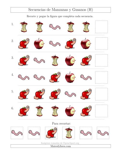 La hoja de ejercicios de Secuencias de Imágenes de Manzanas y Gusanos Cambiando el Atributo Forma (H)