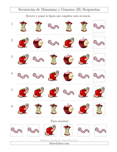 La hoja de ejercicios de Secuencias de Imágenes de Manzanas y Gusanos Cambiando el Atributo Forma (H) Página 2