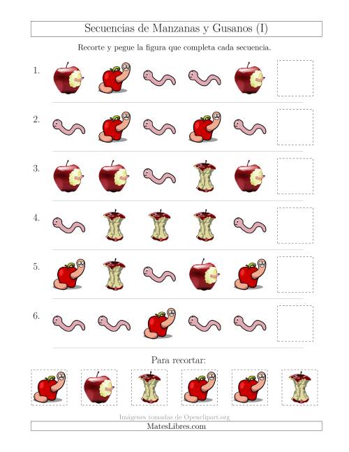 La hoja de ejercicios de Secuencias de Imágenes de Manzanas y Gusanos Cambiando el Atributo Forma (I)