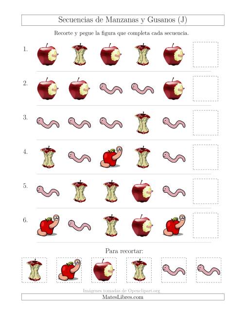 La hoja de ejercicios de Secuencias de Imágenes de Manzanas y Gusanos Cambiando el Atributo Forma (J)