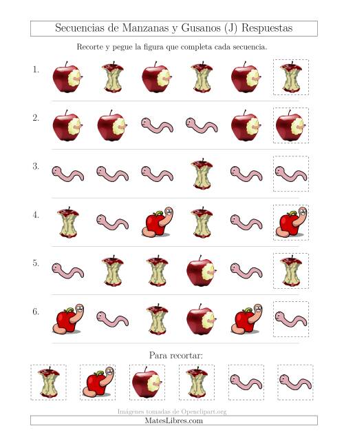 La hoja de ejercicios de Secuencias de Imágenes de Manzanas y Gusanos Cambiando el Atributo Forma (J) Página 2