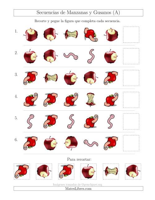 La hoja de ejercicios de Secuencias de Imágenes de Manzanas y Gusanos Cambiando los Atributos Forma y Rotación (A)