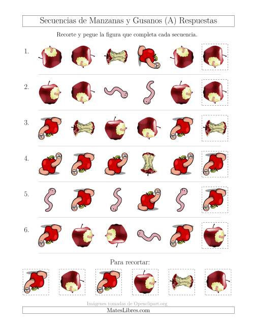 La hoja de ejercicios de Secuencias de Imágenes de Manzanas y Gusanos Cambiando los Atributos Forma y Rotación (A) Página 2